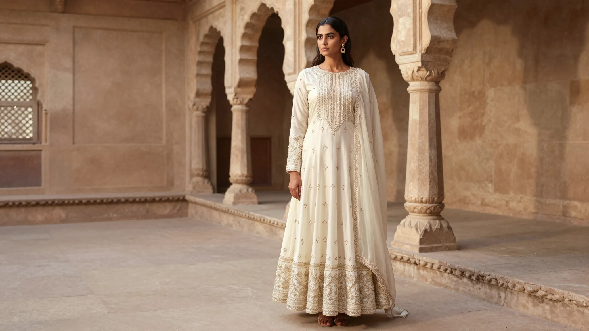 A model in a hand-embroidered ivory anarkali in a sunlit haveli courtyard