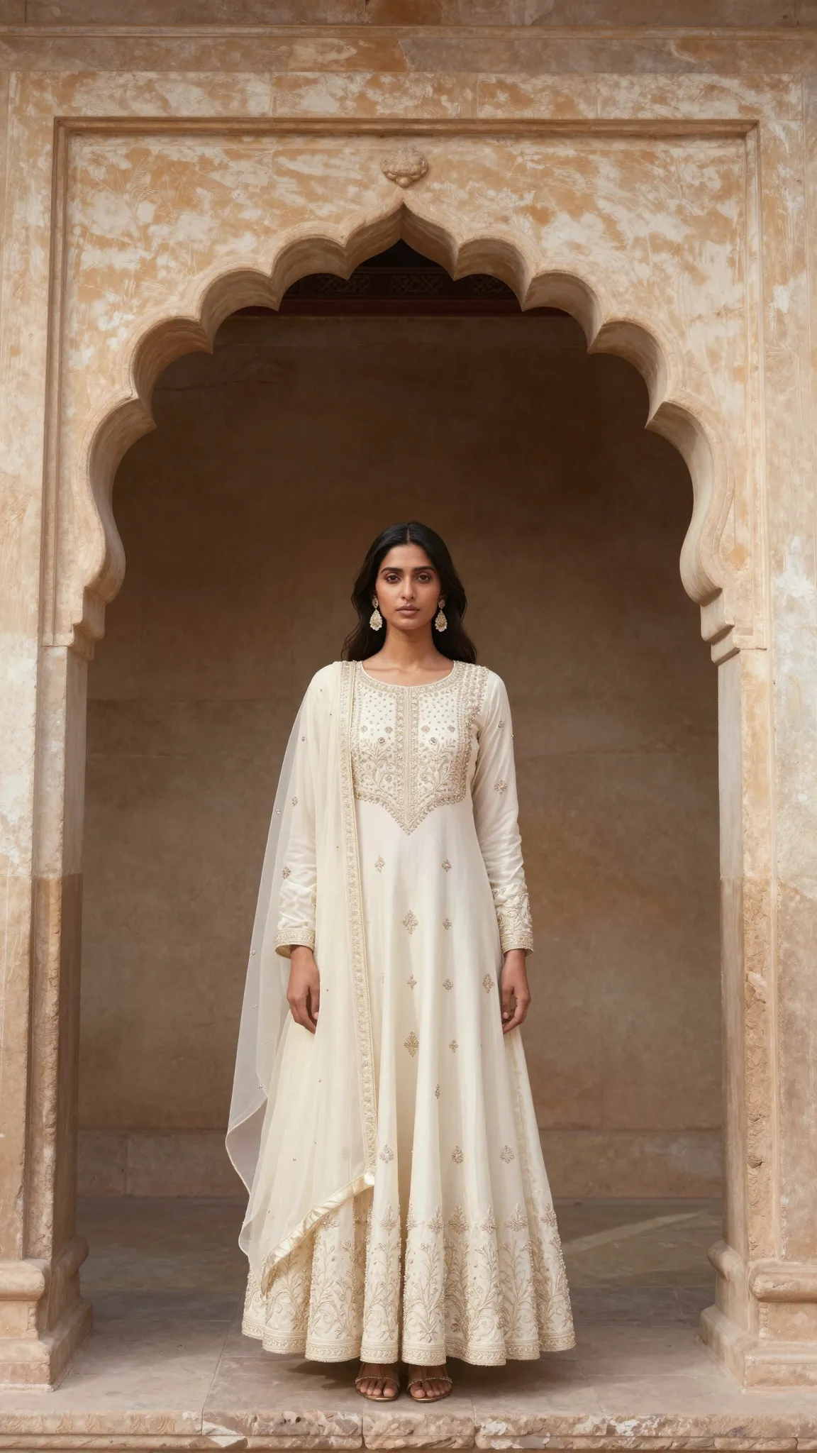 A model in a hand-embroidered ivory anarkali beneath a carved sandstone arch