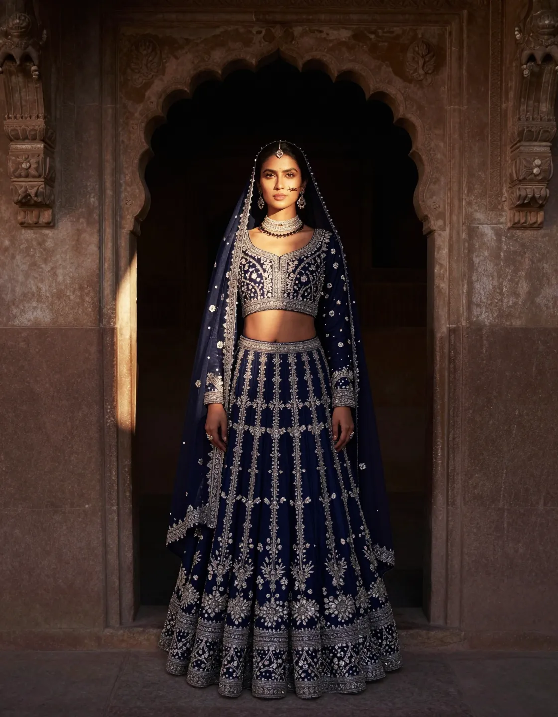 A model in a midnight indigo hand-embroidered lehenga standing in a carved stone doorway