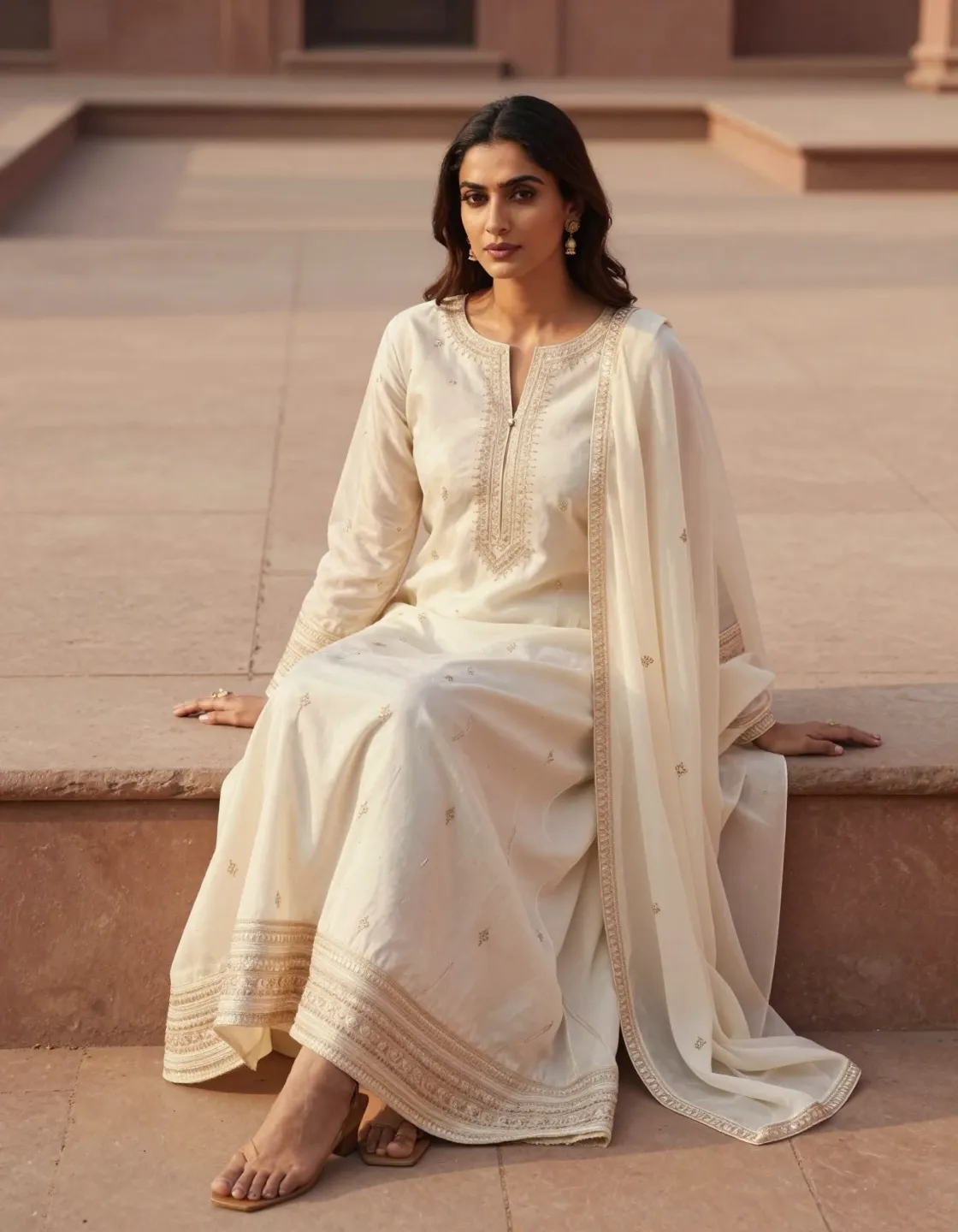A model in an ivory and champagne silk sharara seated on a sandstone step at golden hour