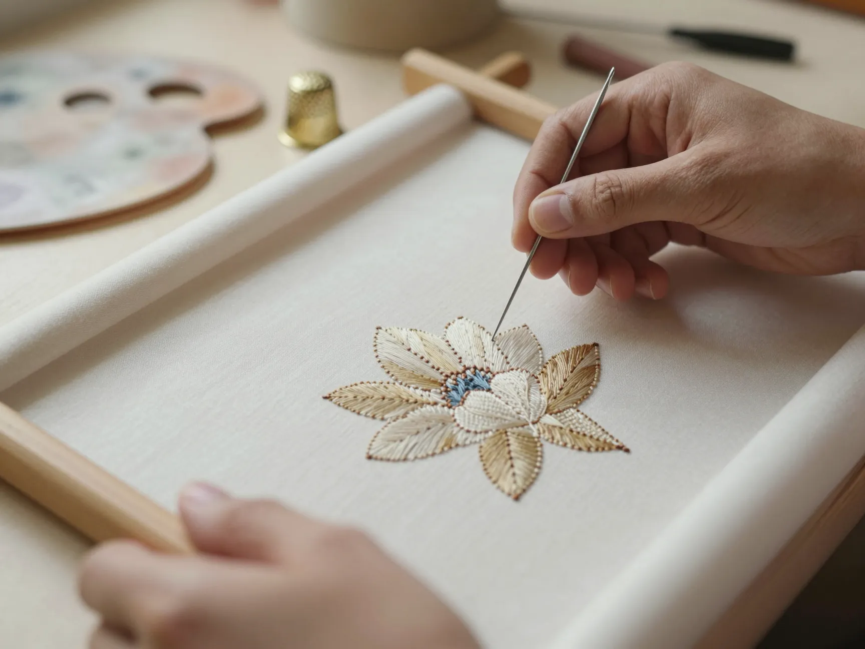 An artisan working fine aari embroidery on stretched ivory silk